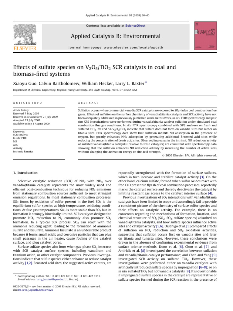 Effects of Sulfate Species On V2O5-TiO2 SCR Catalysts in Coal and ...