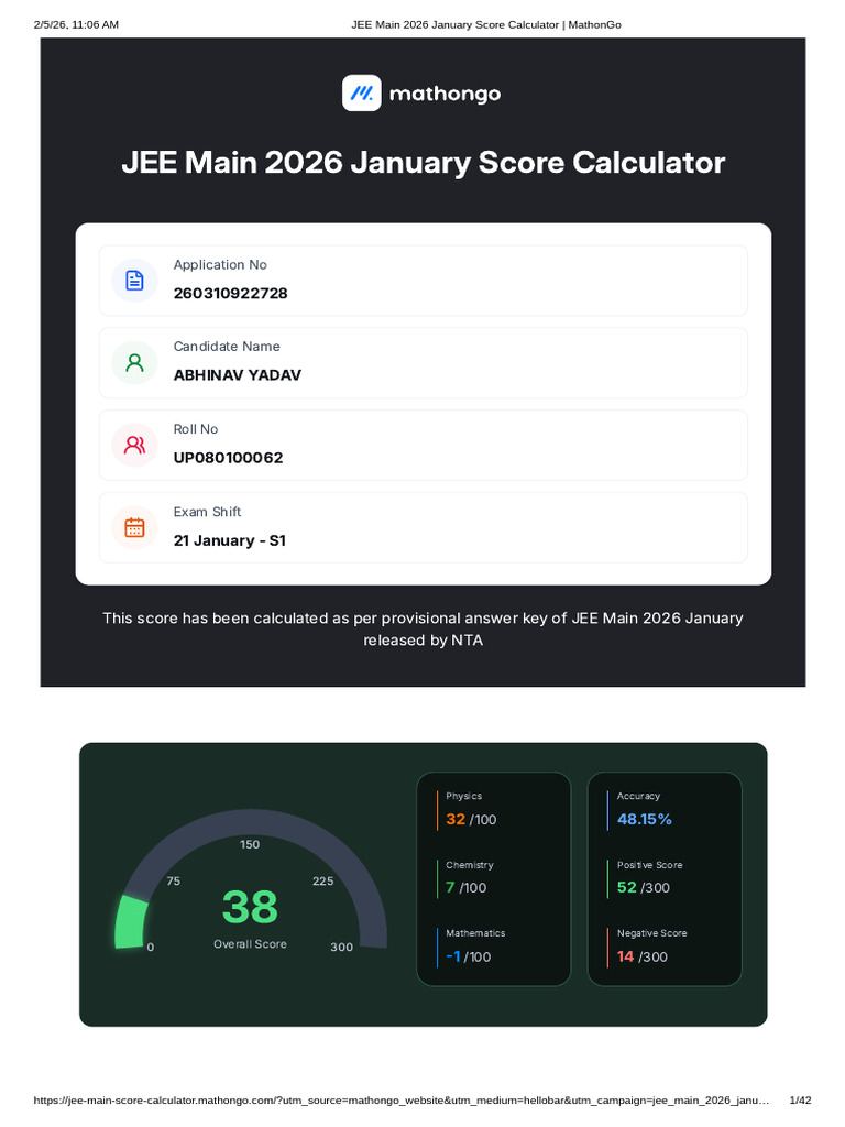 JEE Main 2026 January Score Calculator - MathonGo | PDF | Educational ...