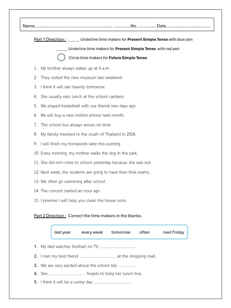 Time Marker Worksheet 1 | PDF