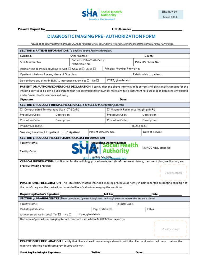 Radiology Pre-Authorization Form Issued 2024 | PDF | Medical Imaging ...