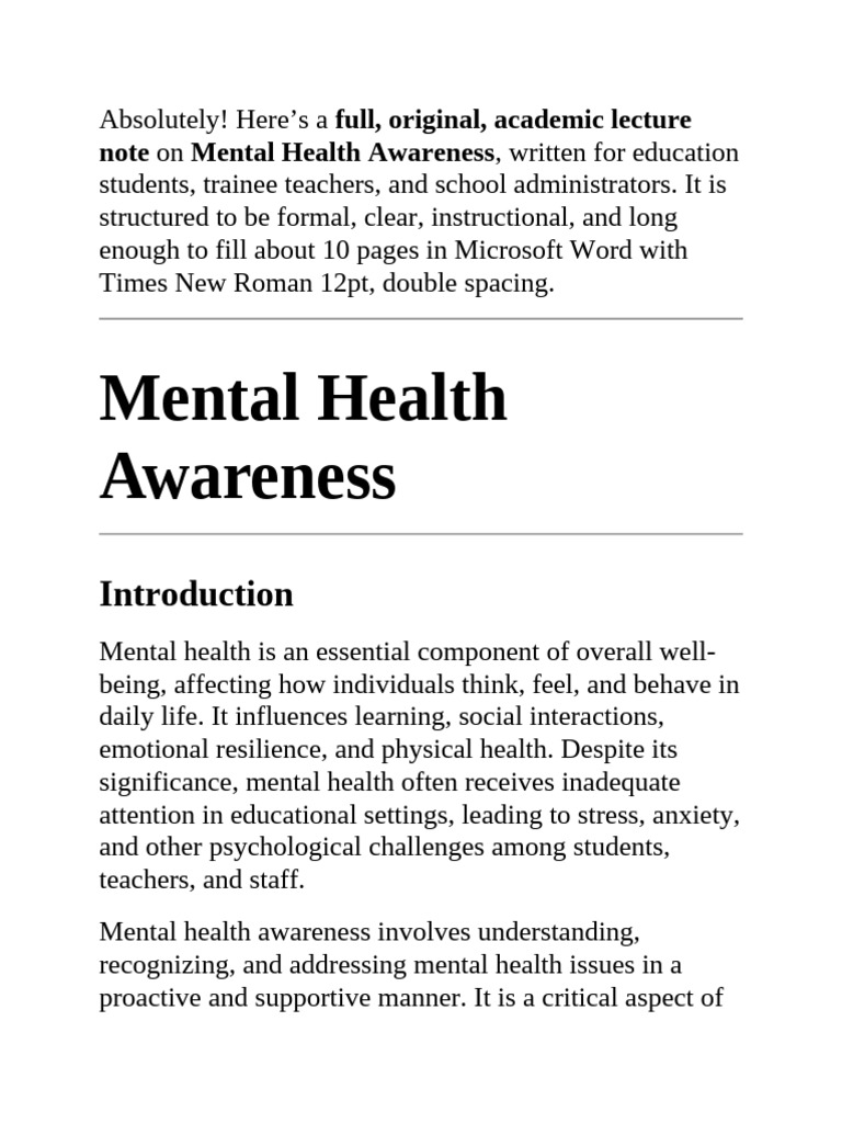 Mental Health Awareness | PDF | Mental Health | Mental Disorder