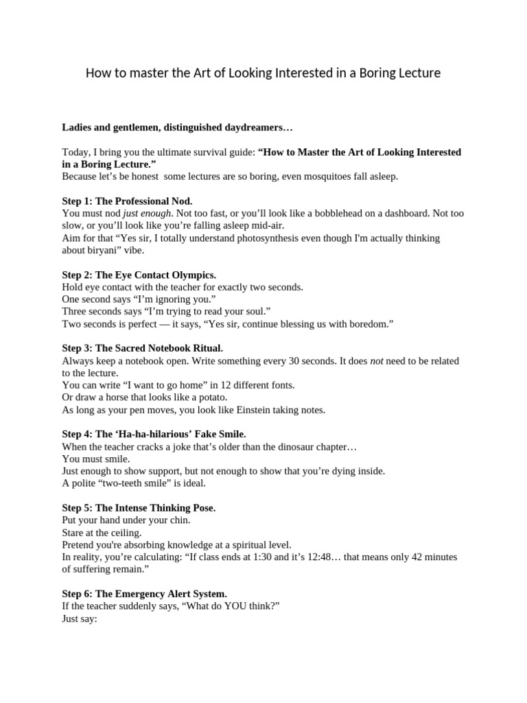How To Master The Art of Looking Interested in A Boring Lecture | PDF