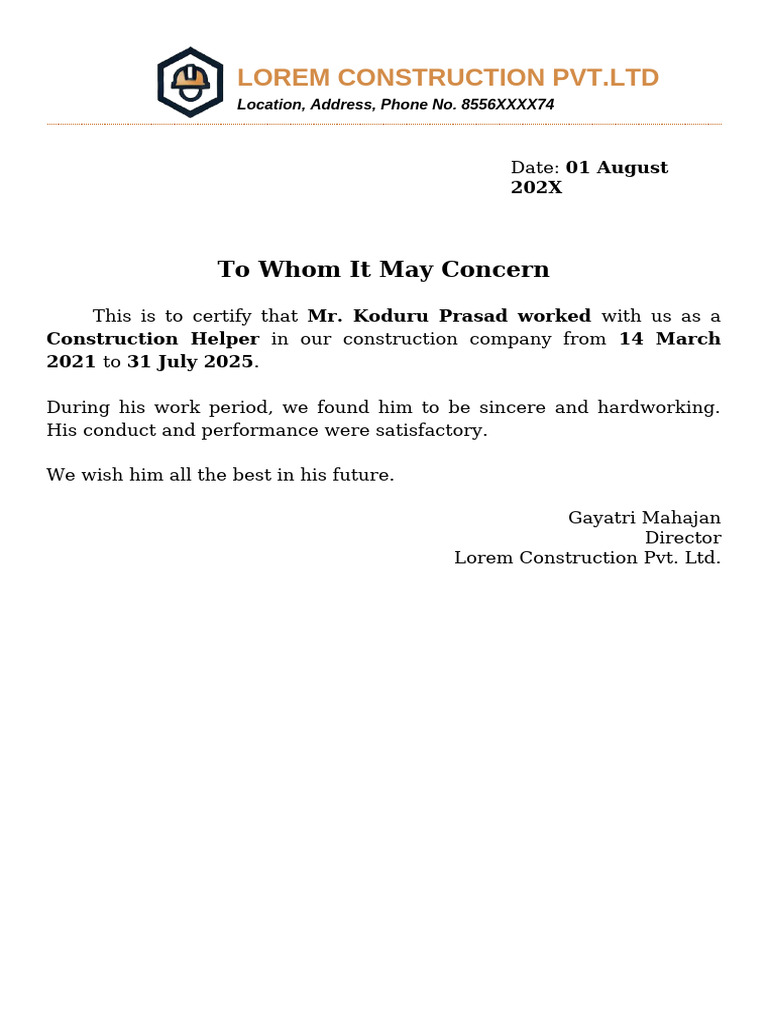 Construction Experience Certificate Doc 3 | PDF