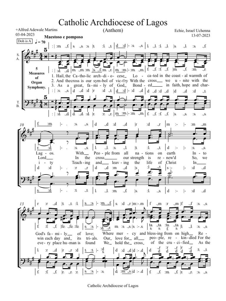 Catholic Archdiocese of Lagos (Anthem) Solfa & Staff Vocal Score ...