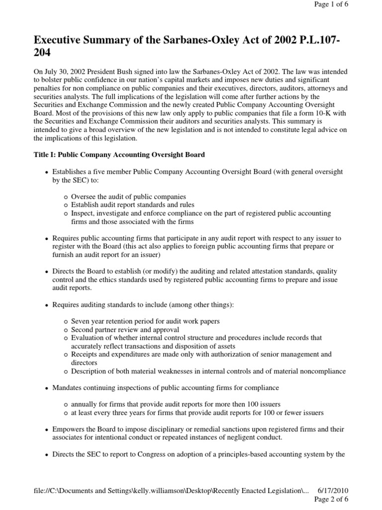 SOX Act 2002 Summary PDF