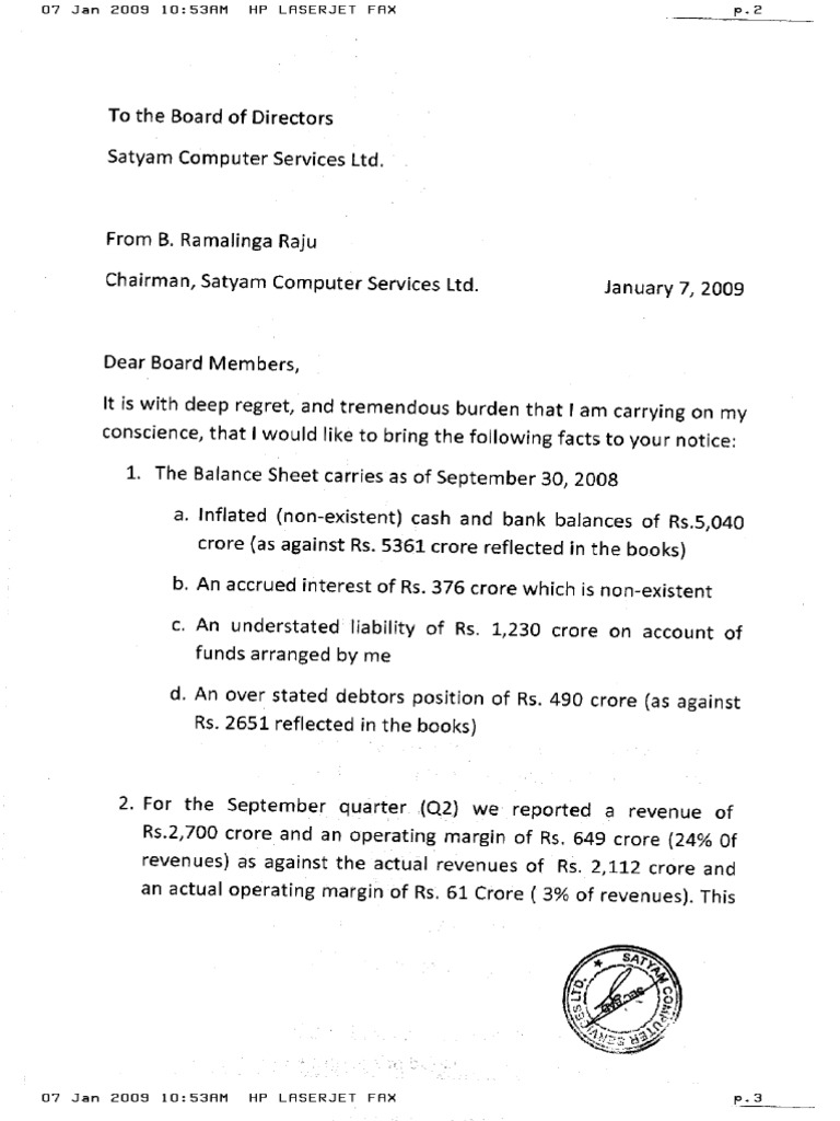 Satyam CEO Letter to Board of Directors