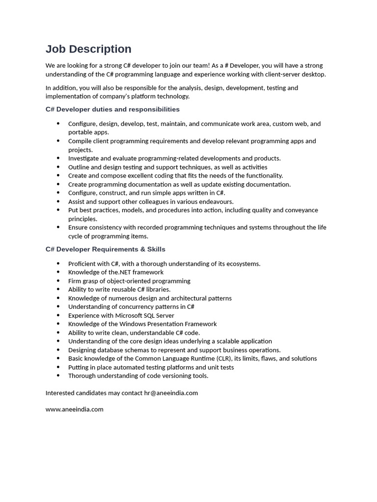 JD C# Developer | PDF