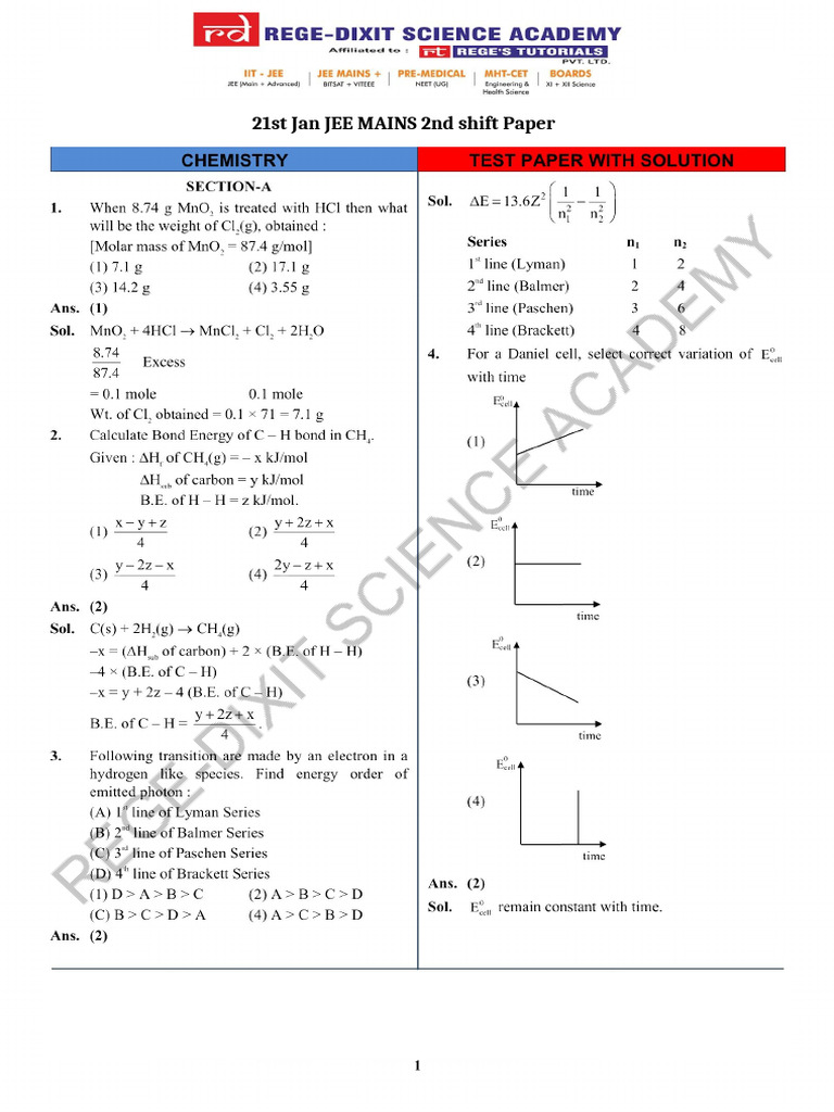JAN 21 JEE Mains 2nd Shift Paper (2) | PDF
