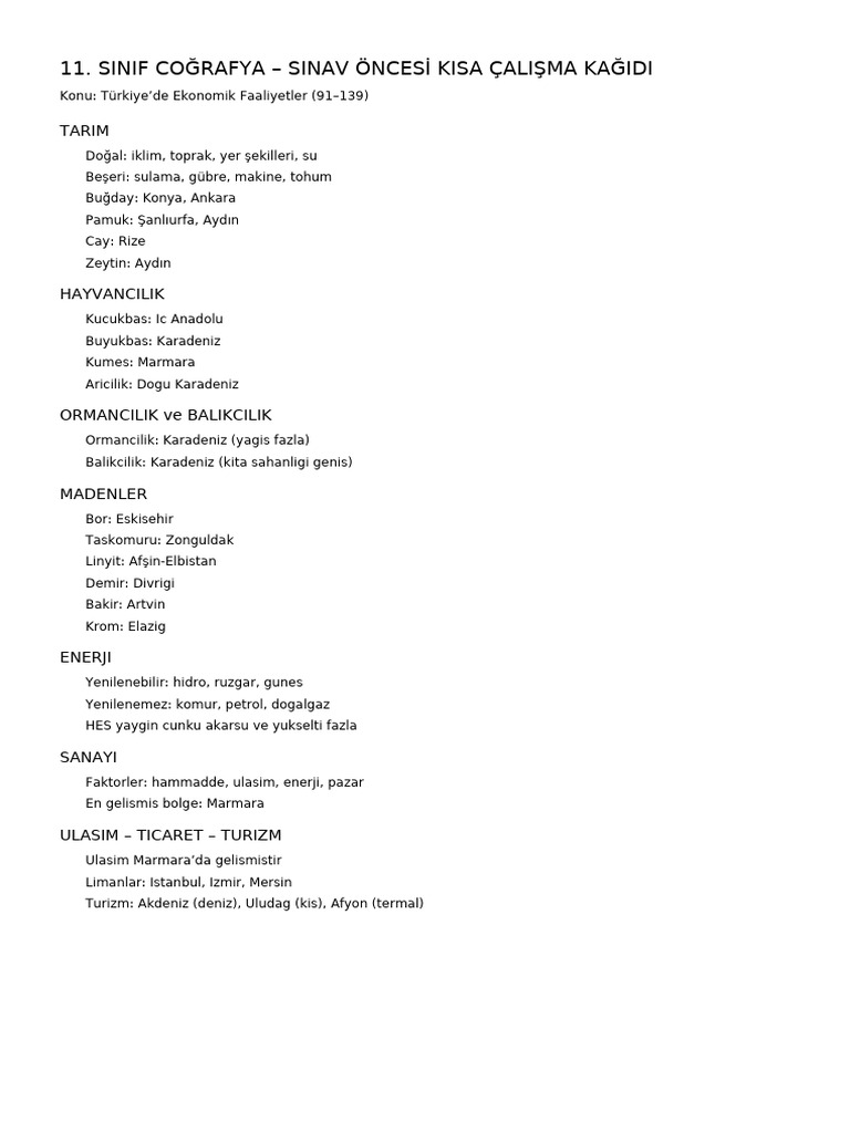 11 Sinif Cografya Sinav Oncesi Kisa Calisma Kagidi | PDF