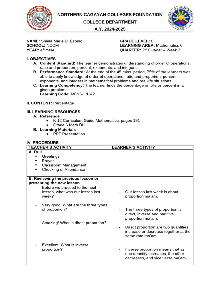 K-12 Lesson Plan in Math 6 (Percentage) | PDF | Percentage | Mathematics