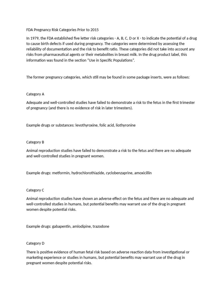 FDA Pregnancy Risk Categories Prior To 2015 | PDF | Pregnancy | Fetus