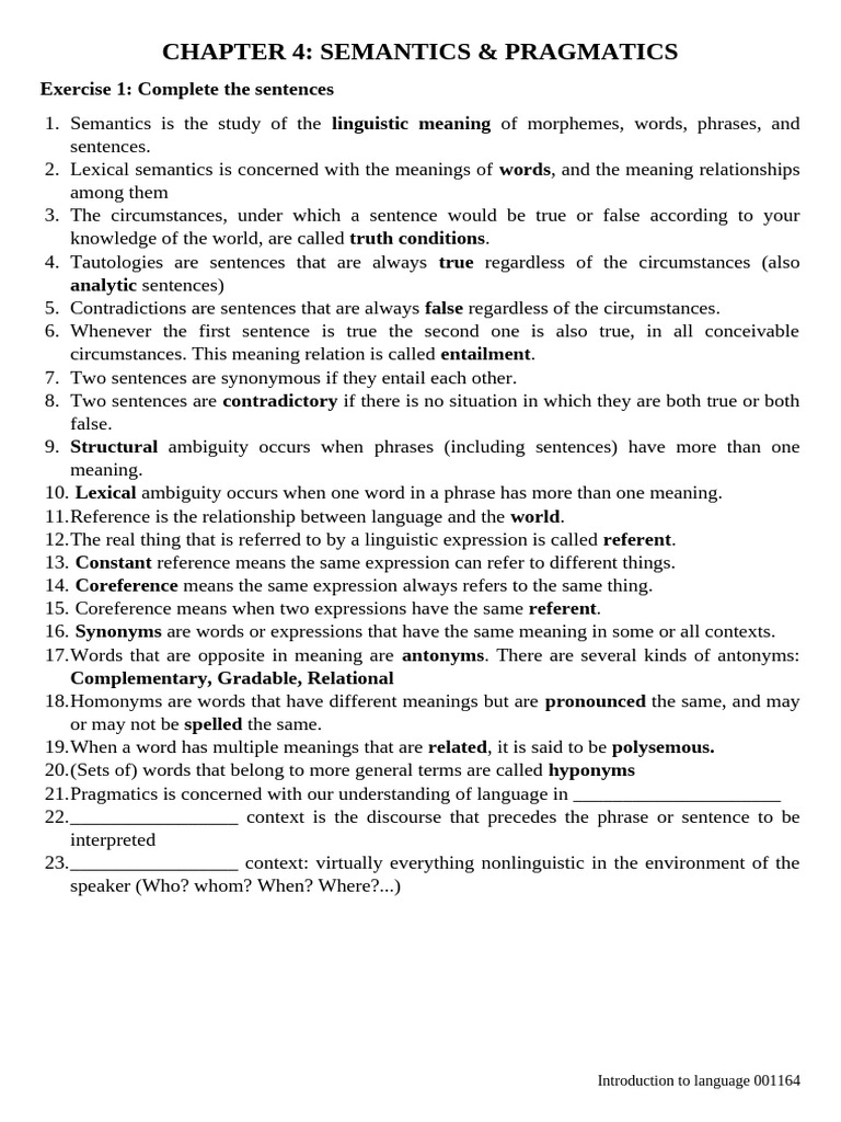 Chapter 4 Semantics (No Key) | PDF | Semantics | Linguistics