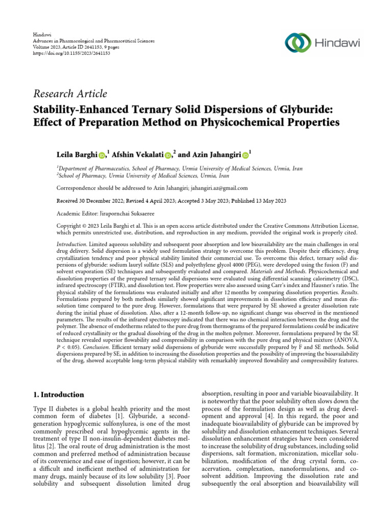 Stability Enhanced Ternary Solid Dispersions of Glyburide Effect of ...
