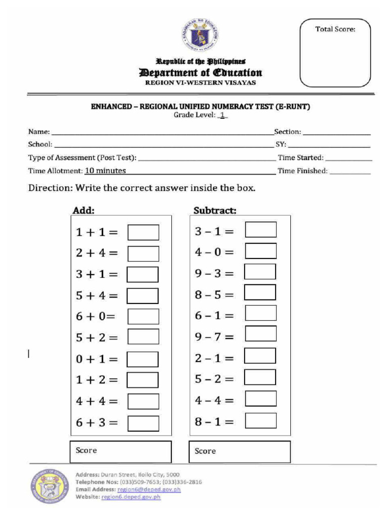 Erunt Post Test Grade 1 | PDF