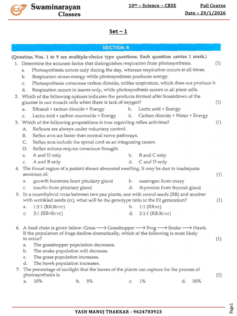 10th CBSE - Science - Full Course - Set - 1 | PDF