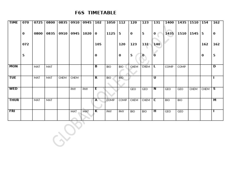 F6S Timetable: Time 070 0725 0800 0835 0910 0945 102 1050 112 120 123 ...