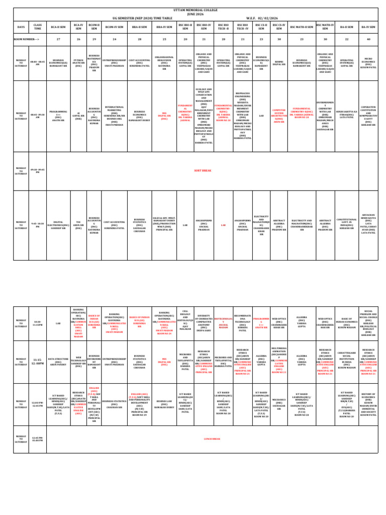 Class Time Table June 2026 Updated Ug | PDF
