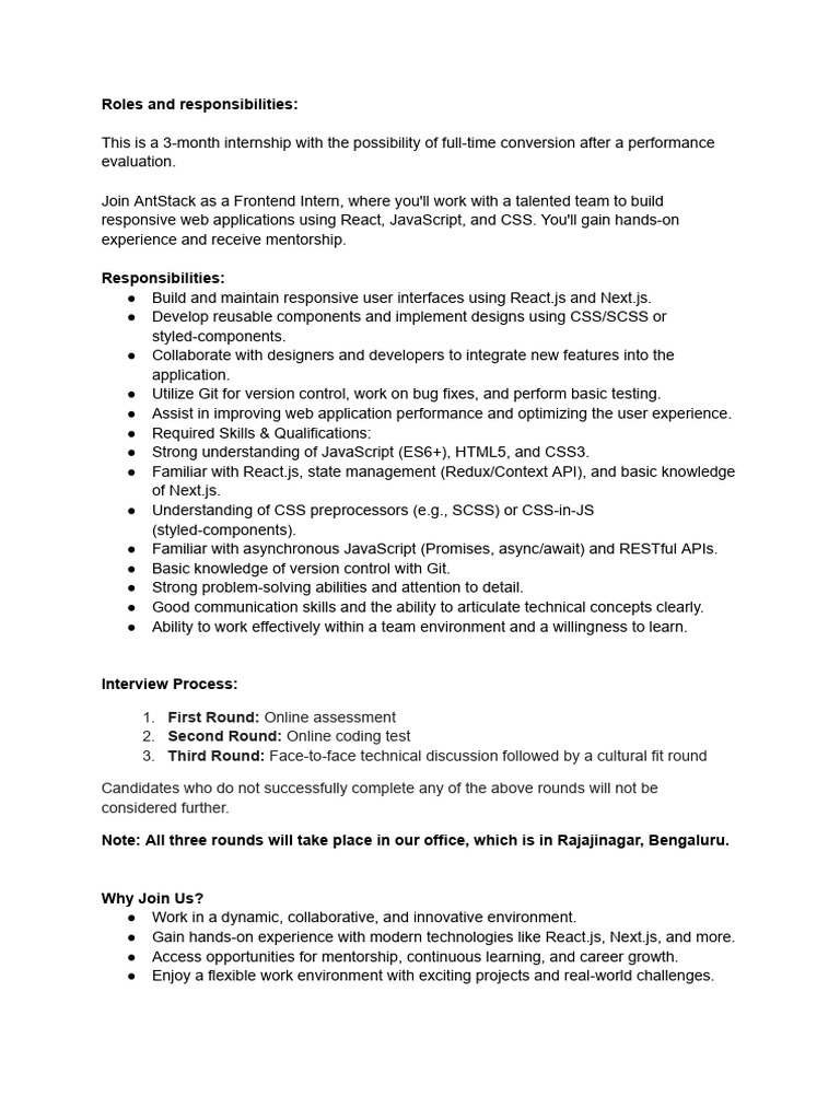 Job Description - FE Internship - 2026 | PDF | Java Script | Mentorship