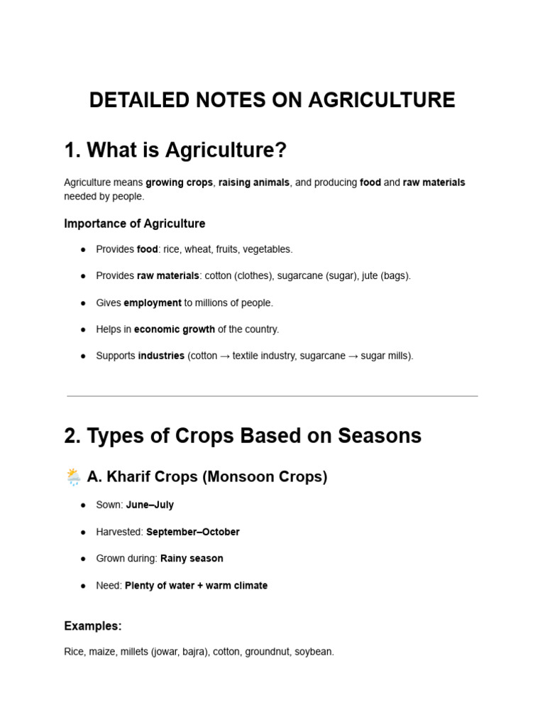 Detailed Notes On Agriculture | PDF | Crops | Agriculture