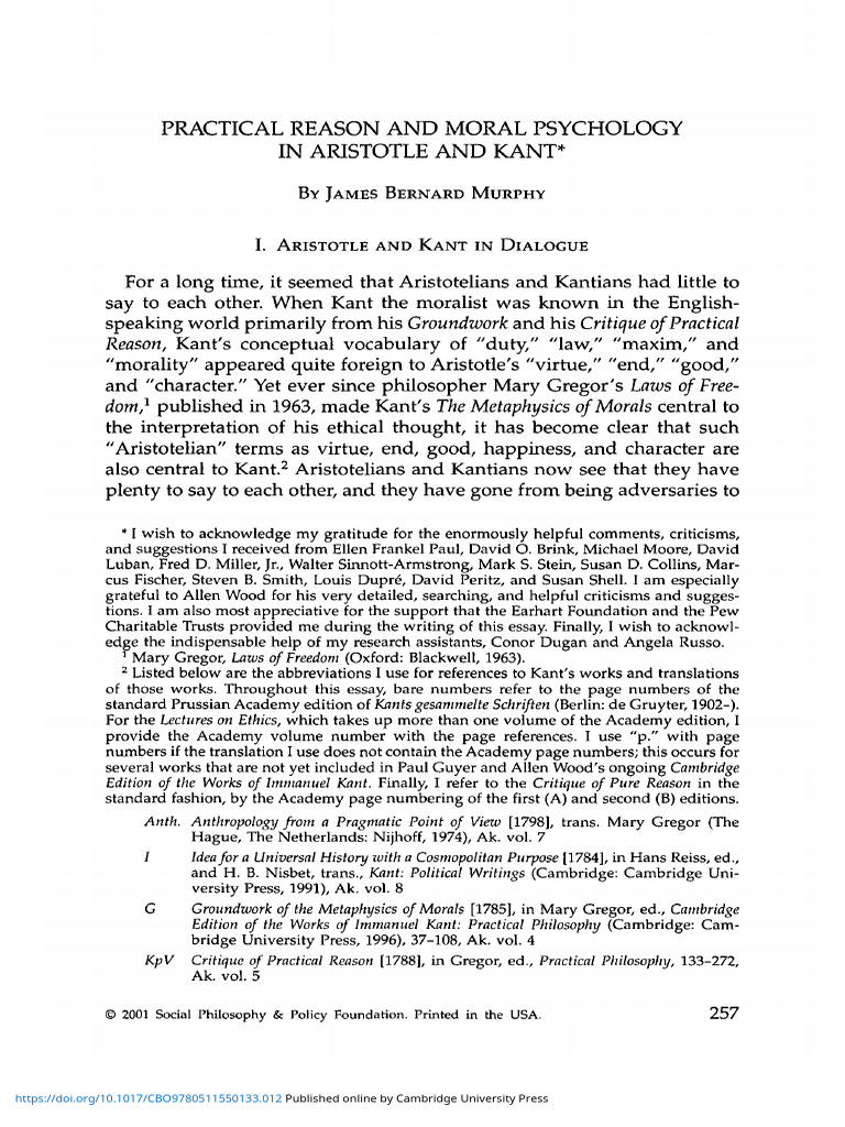 Practical Reason and Moral Psychology in Aristotle and Kant | PDF ...