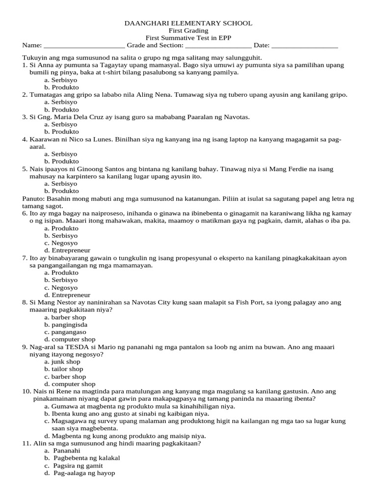 1st EPP Summative Test EPP/TLE 5 Quiz Paper | PDF