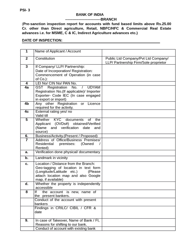 PSI-3(Pre-sanction Inspection Report for Accounts With Fund Based ...