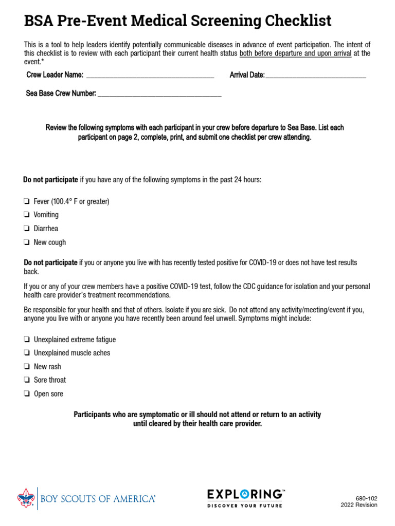 Pre Event Medical Screening Checklist With Participant List | PDF ...
