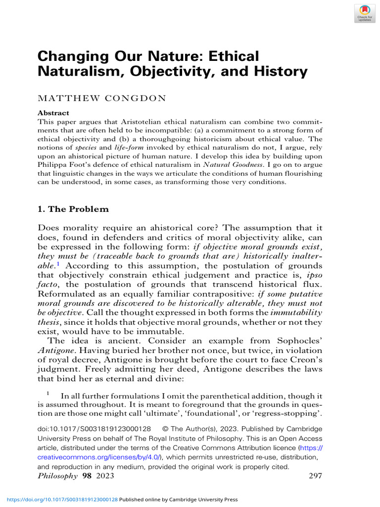 Changing Our Nature Ethical Naturalism Objectivity and History | PDF ...