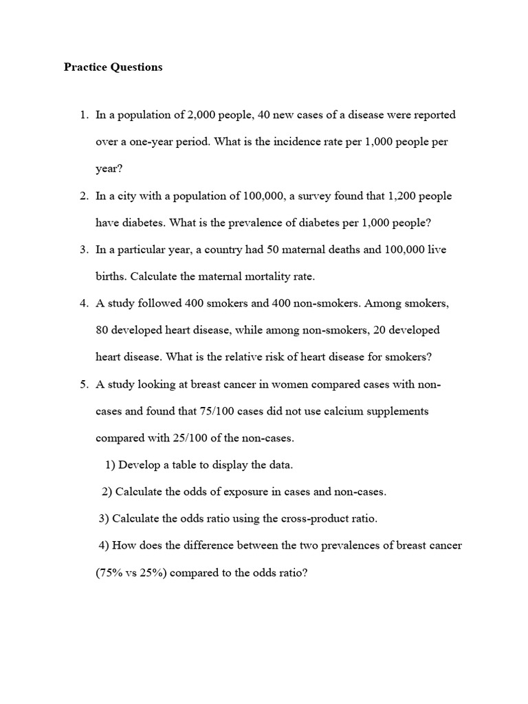 Practice Questions Measures of Epidemiology | PDF