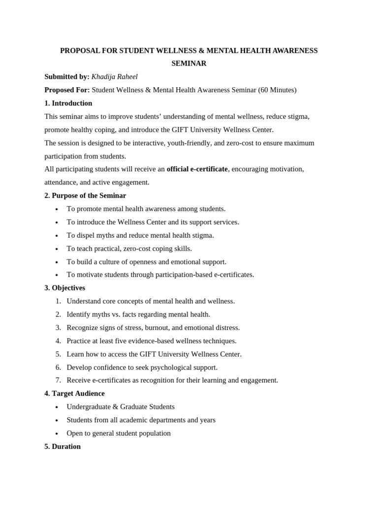 Proposal For Student Wellness | PDF | Mental Health | Stress (Biology)