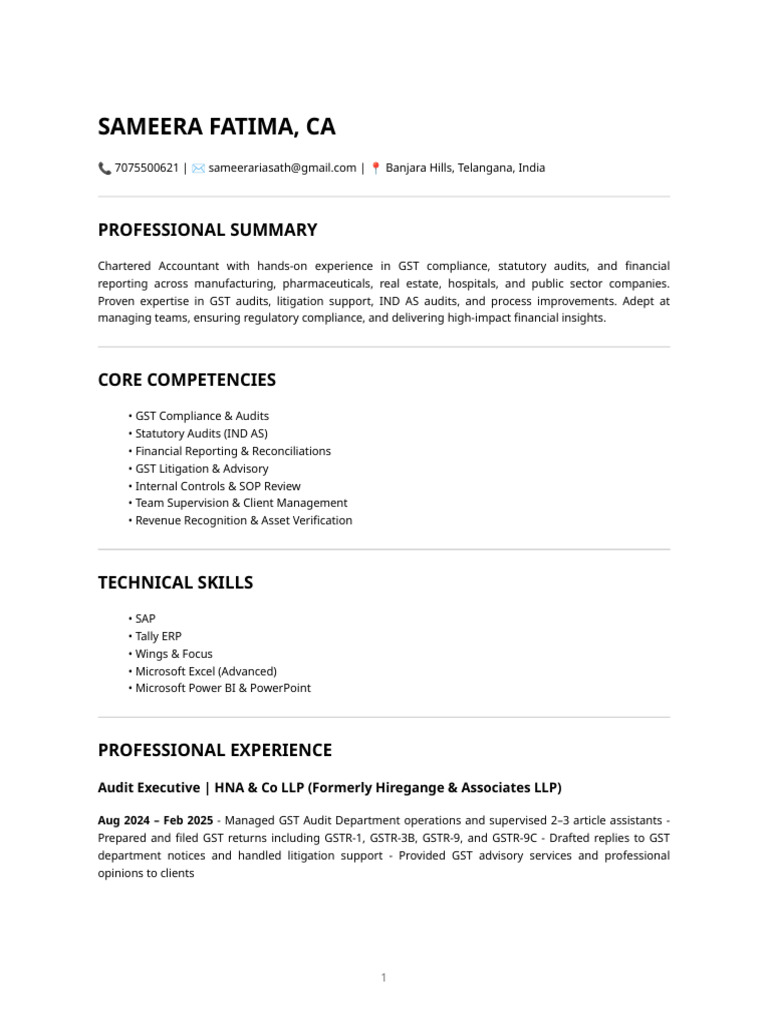 Ats Optimized Resume - Sameera Fatima | PDF | Audit | Business Economics