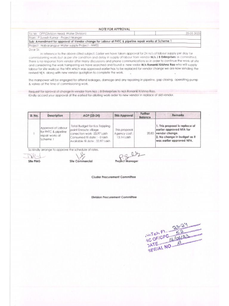 NWSS - NFA For WOA For Vendor Change For Manpower For Pre Commissioning ...
