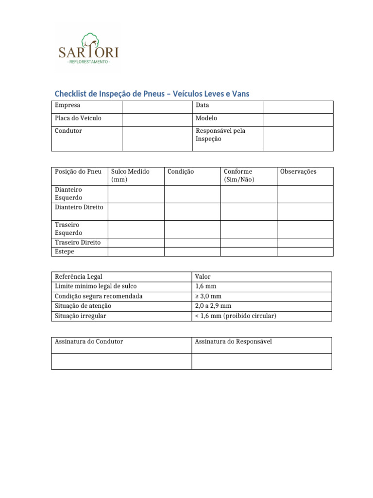 Checklist Inspecao Pneus Veiculos Leves e Vans | PDF