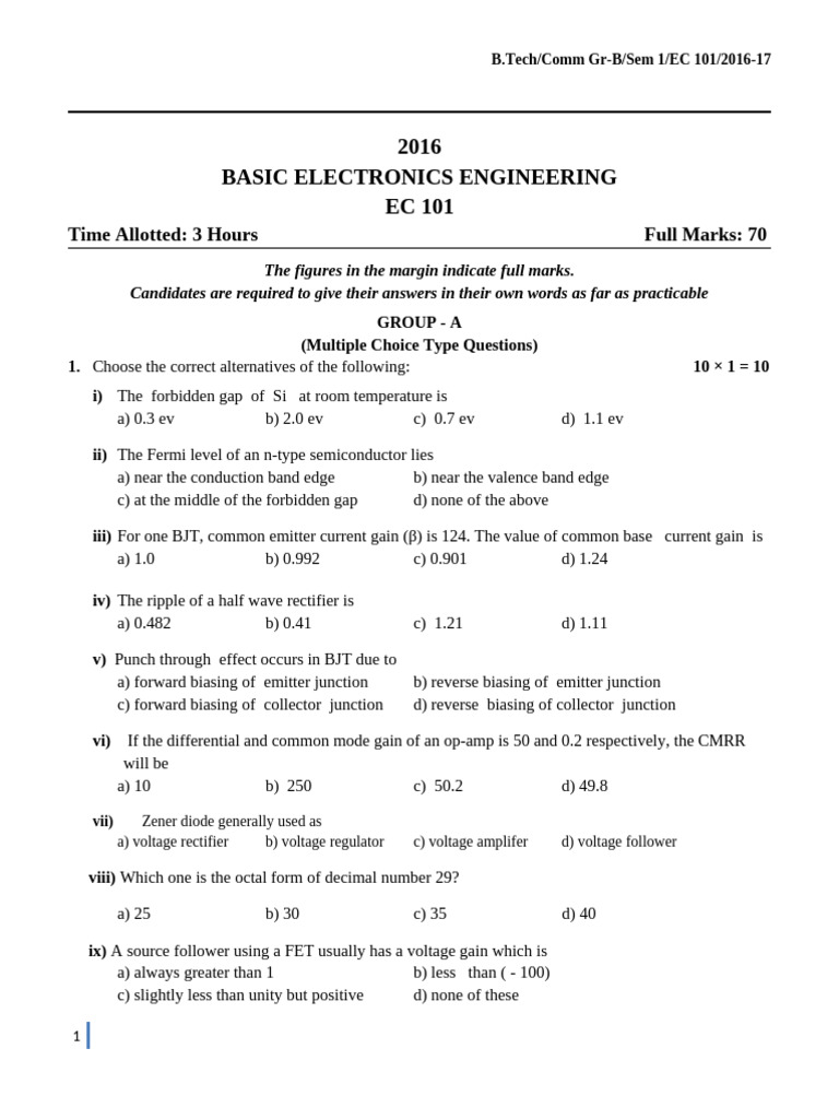 2016 Basic Electronics Engineering EC 101: Time Allotted: 3 Hours Full ...