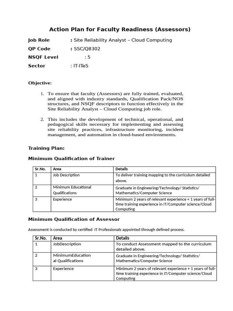 23 - Action Plan For Faculty - Site Reliability Analyst - Cloud ...