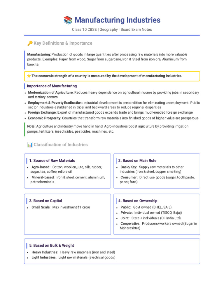 Manufacturing Industries - Class 10 CBSE Notes | PDF | Chemical ...