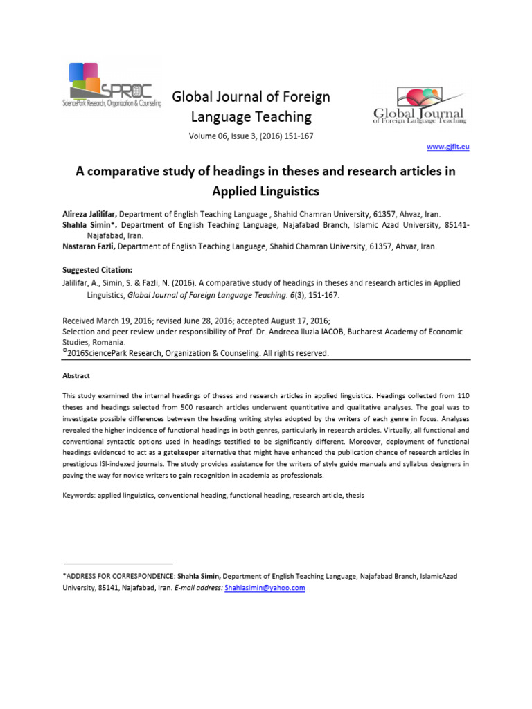 A Comparative Study of Headings in Theses and Rese | PDF | Phrase | Syntax