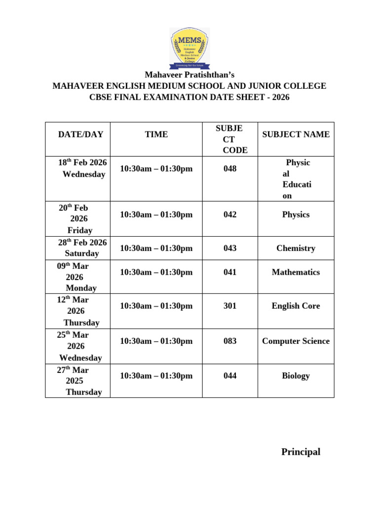 CBSE Examination Date Sheet 2026 (STD XII) | PDF