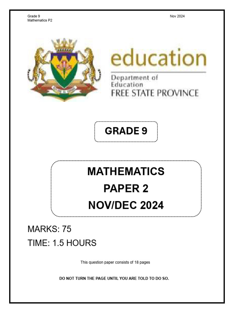 9 X 2024 Grade 9 Mathematics Test November December (1) Fs | PDF ...