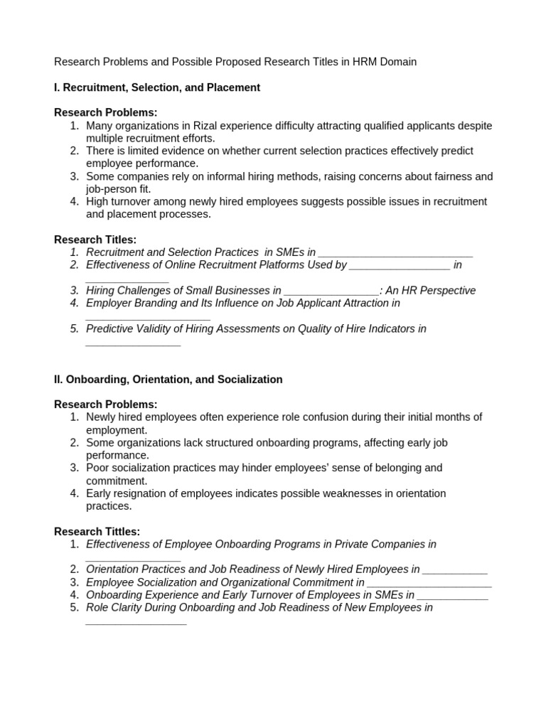 Research Problems and Possible Proposed Research Titles in HRM Domain ...