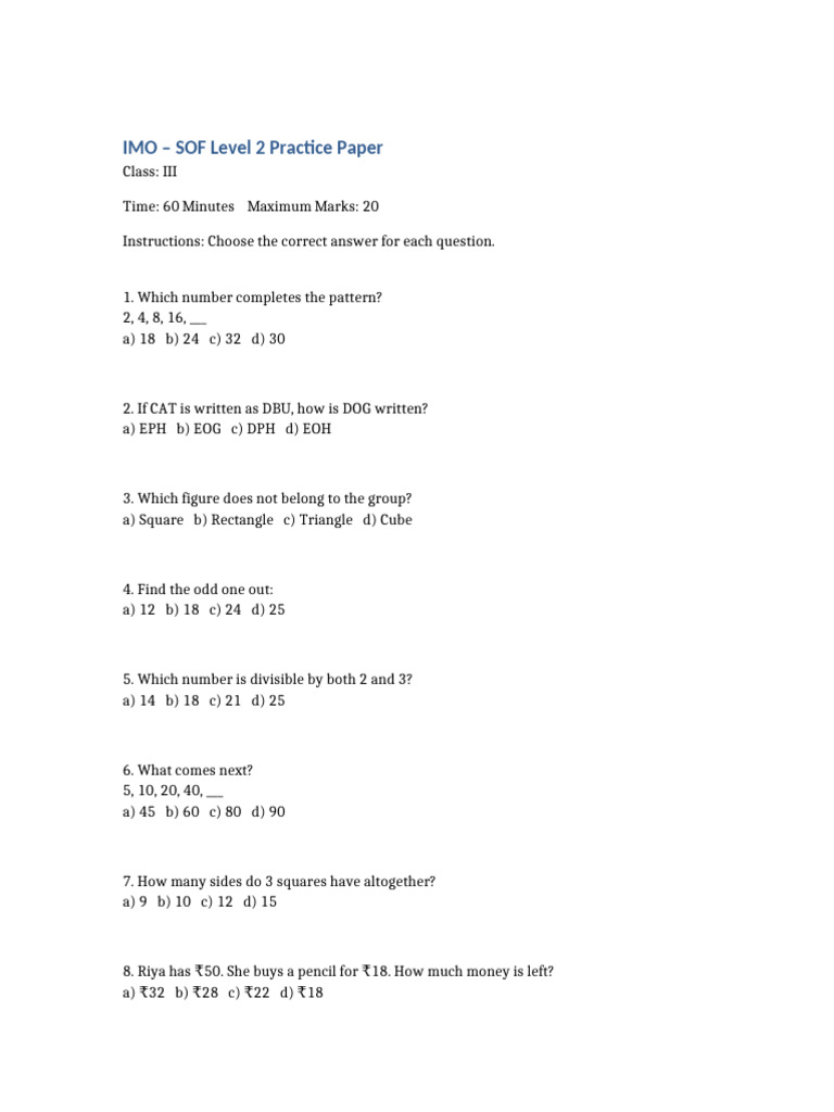 IMO SOF Level 2 Class 3 Practice Paper | PDF