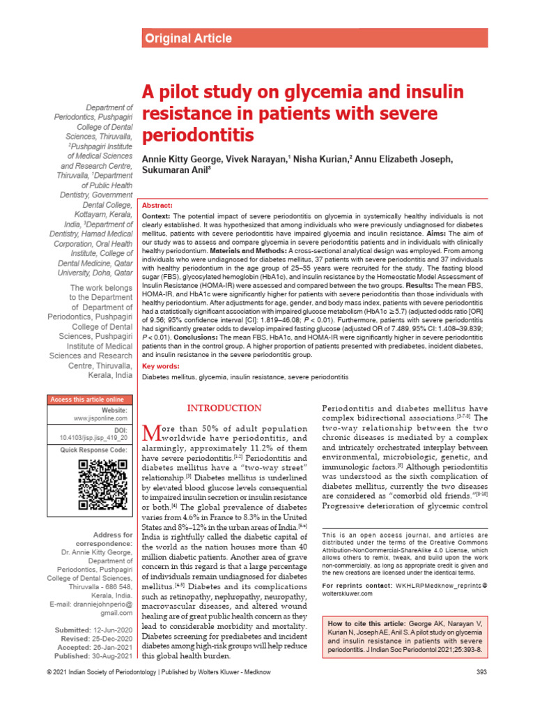 A Pilot Study On Glycemia and Insulin Resistance.7 | PDF | Prediabetes ...