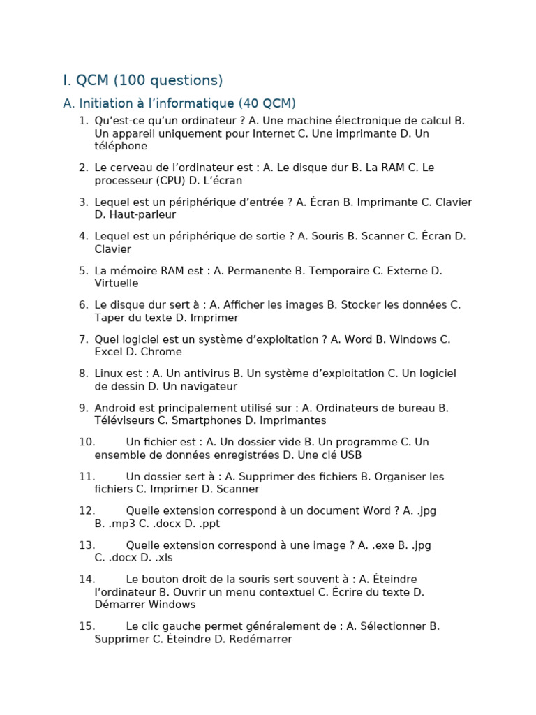QCM Et Qroc - Initiation À L'Informatique Et À La Bureautique | PDF ...