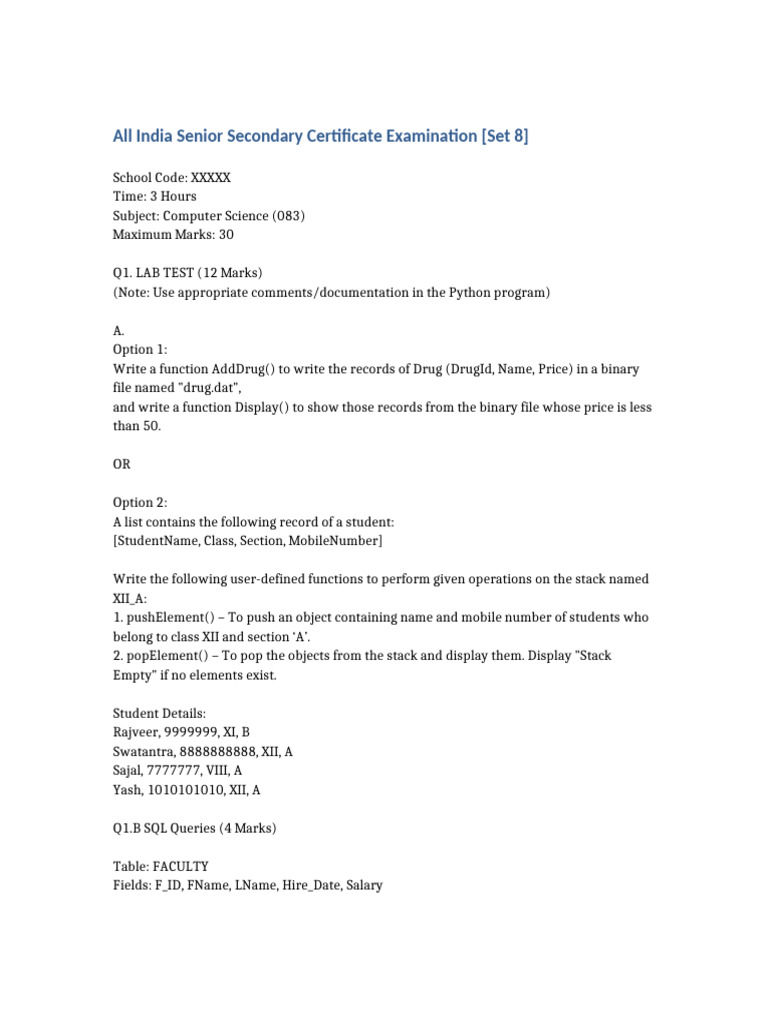 CBSE Class 12 CS 083 Practical Set 8 | PDF