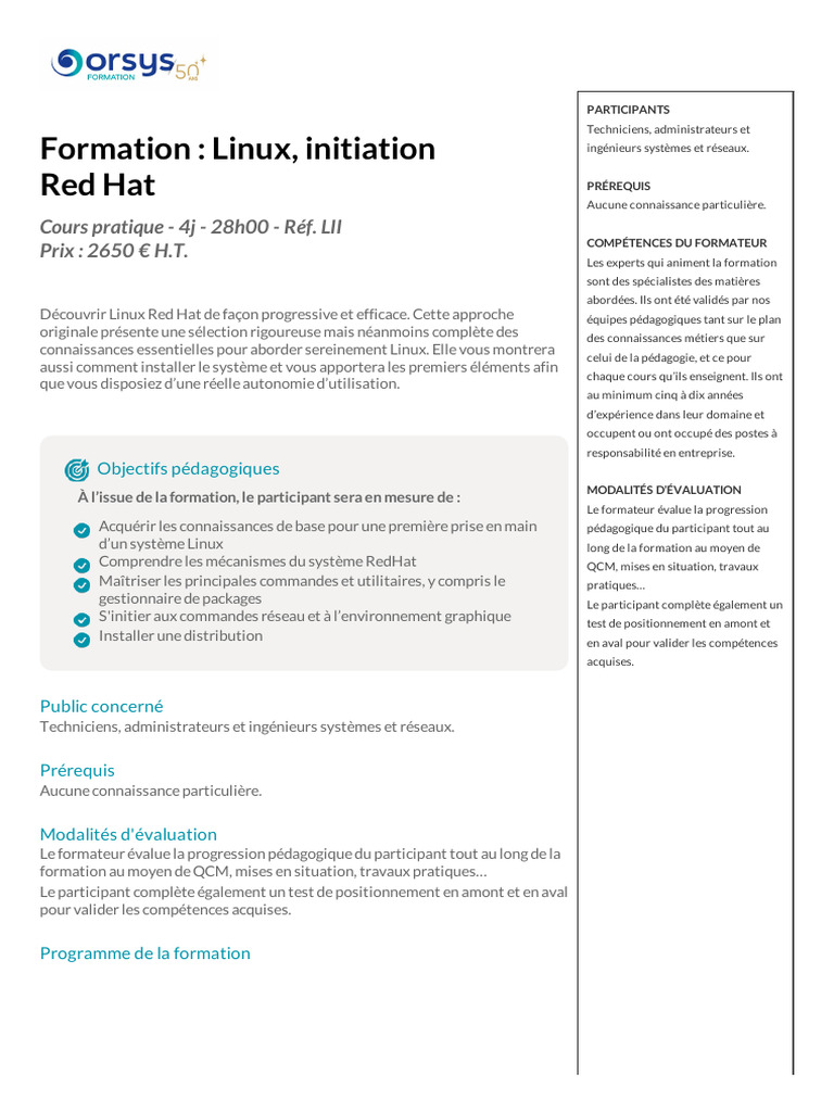 Formation: Linux, Initiation Red Hat: Cours Pratique - 4j - 28h00 - Réf ...