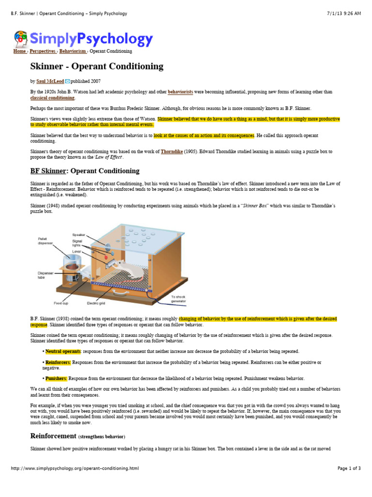 B.F. Skinner Operant Conditioning - Simply Psychology | PDF ...