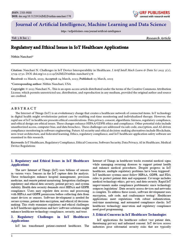 Regulatory and Ethical Issues in IoT Healthcare Applications | PDF ...