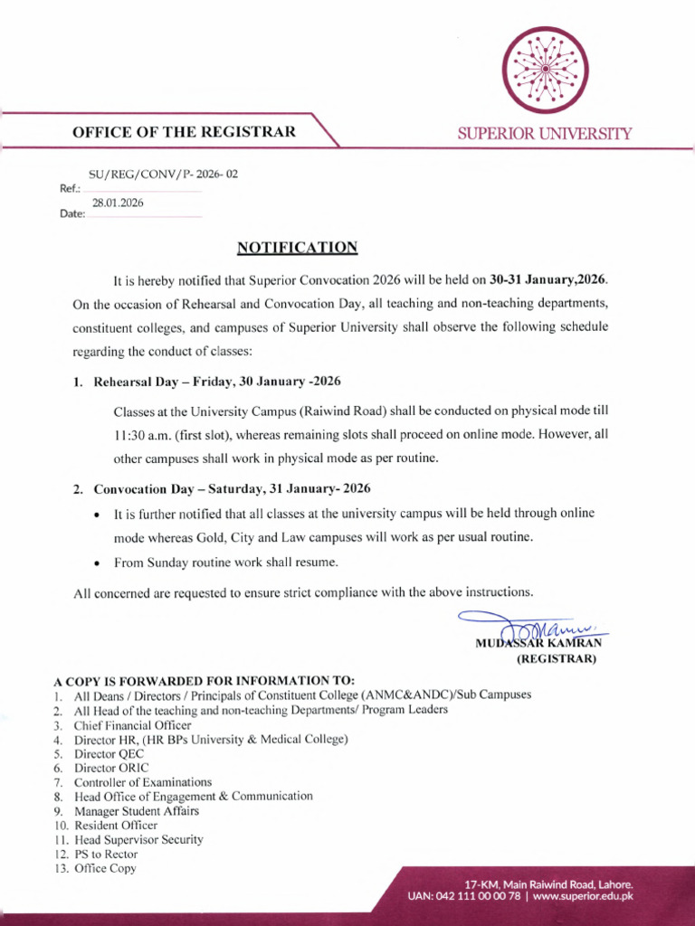 Notification Schedule of Classes During Convocation 2026 | PDF