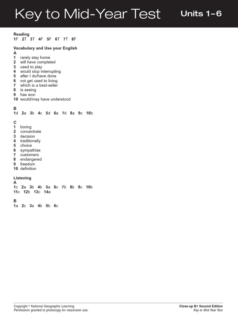 B1 Mid-Year Test Key | PDF