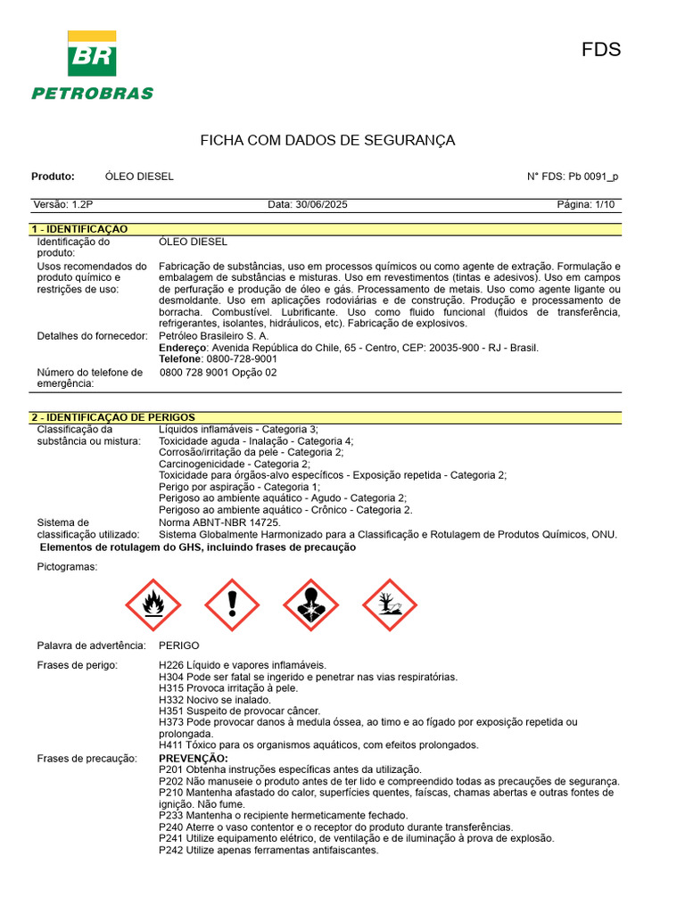 8-Ficha de Dados de Segurança - Fds - Óleo Diesel - Petrobrás | PDF ...